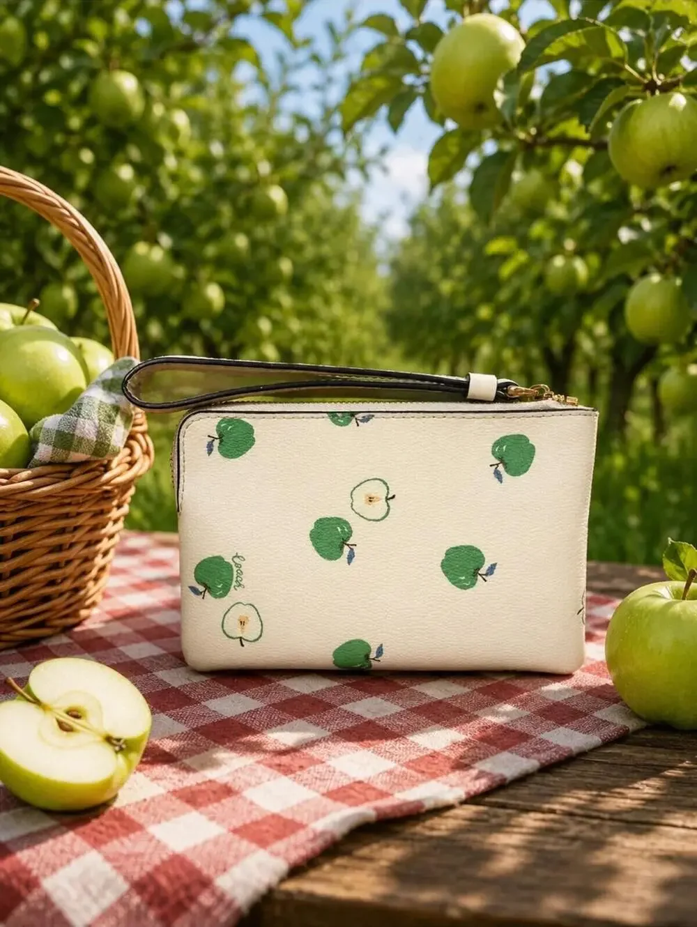 Coach Cream Apple Print Zip Wristlet Wallet